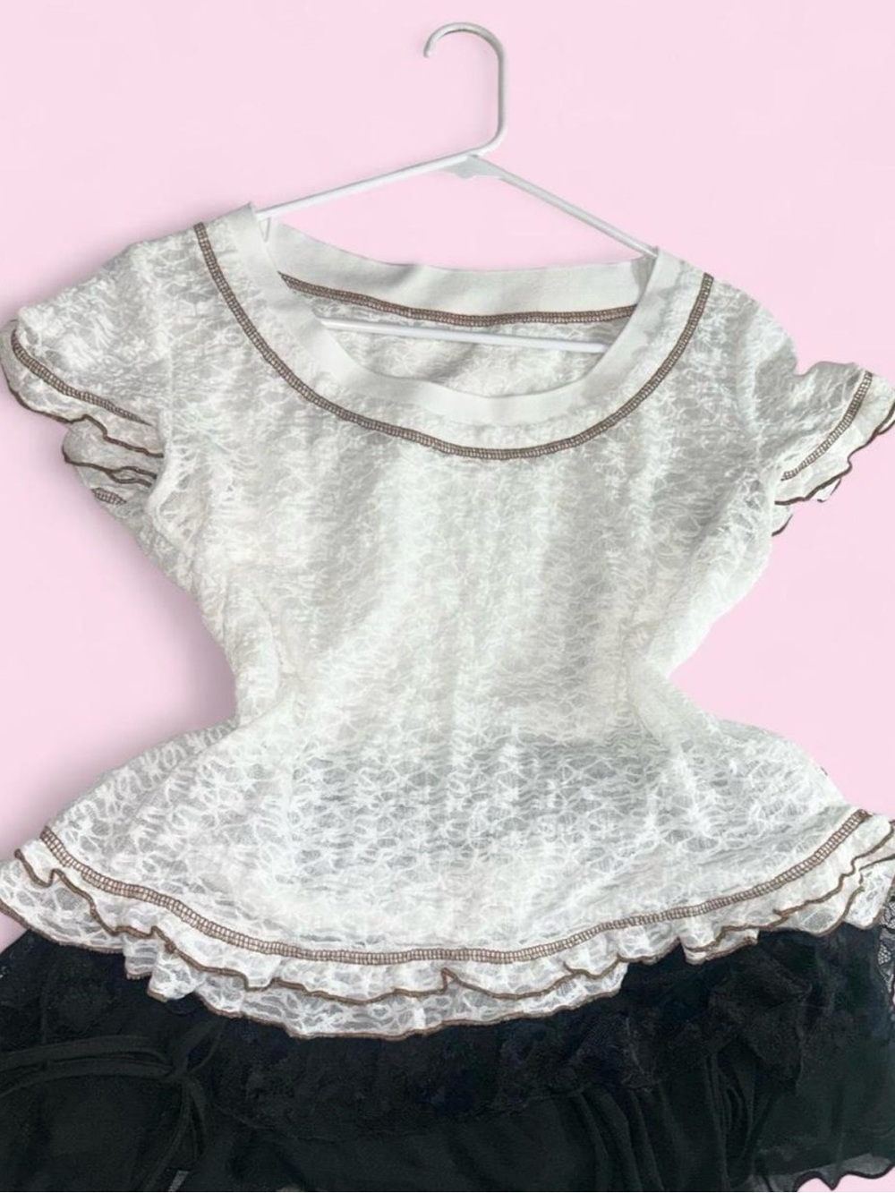 Women’s White Lace Ruffle Blouse with Brown Trim